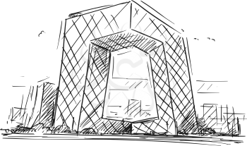 Cartoon sketch drawing illustration of China Central TV Headquarters Building, Beijing, China.