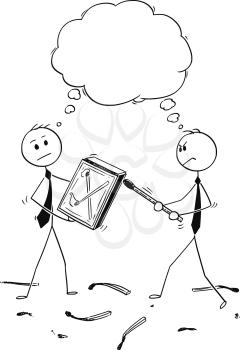 Cartoon stick man drawing conceptual illustration of two businessman striking a match. Business concept of idea, invention and problem solution.
