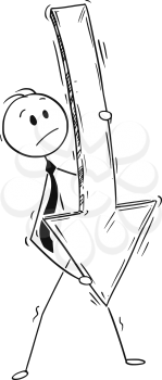 Cartoon stick man drawing conceptual illustration of businessman carrying big and heavy down pointing arrow. Business concept of bankruptcy, crisis and depression.