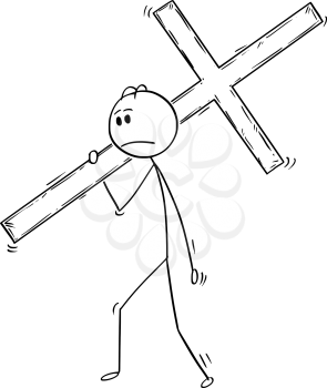 Cartoon stick man drawing conceptual illustration of businessman carrying big wooden cross as business metaphor for crucifixion.