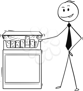 Cartoon stick man drawing conceptual illustration of businessman holding big box of cigarettes. Business concept of tobacco industry.