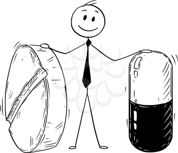 Cartoon stick man drawing conceptual illustration of businessman holding two big pills. Business concept of pharmacy and pharmaceutical industry.