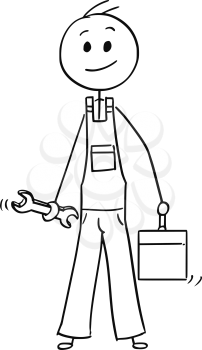 Cartoon stick man drawing conceptual illustration of male worker or repairman with wrench and tool box or toolbox.