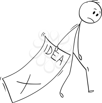 Cartoon stick man drawing conceptual illustration of businessman trailing big paper sheet with idea text rejected by superior. Business concept of suppressed creativity .