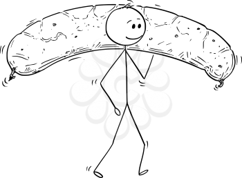 Cartoon stick man drawing conceptual illustration of man carrying big sausage or bratwurst. Concept of unhealthy lifestyle and food.
