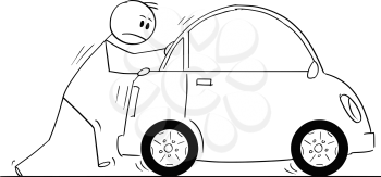 Cartoon stick man drawing conceptual illustration of businessman pushing broken car. Business concept of problem, obstacle and reliability.