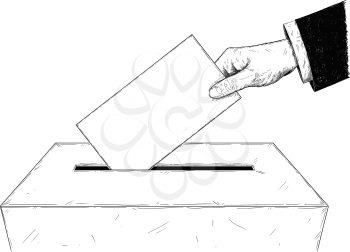 Vector artistic pen and ink drawing illustration of voters or businessman hand putting envelope in ballot box. Concept of elections.