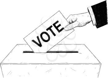 Vector artistic pen and ink drawing illustration of voters or businessman hand putting envelope with vote text in ballot box. Concept of elections.