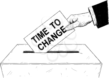 Vector artistic pen and ink drawing illustration of voters or businessman hand putting envelope with time to change text in ballot box. Concept of elections.