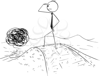 Cartoon stick man drawing conceptual illustration of confused businessman watching the confused and complicated road in front of him. Business concept of obstacles and career.