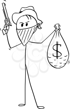 Cartoon stick man drawing illustration of masked cowboy with stolen bag of dollar money and gun.