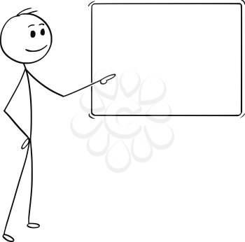 Cartoon stick man drawing conceptual illustration of man or businessman standing and pointing at empty sign or blackboard.