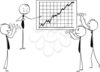 Cartoon stick man drawing conceptual illustration of group of business people applauding to speaker pointing at growing financial chart or graph. Business concept of success and growth.