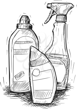 Vector artistic pen and ink hand drawing illustration of house cleaning products.