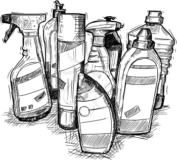 Vector artistic pen and ink hand drawing illustration of house cleaning products.
