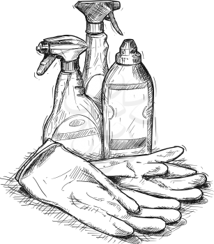 Vector artistic pen and ink hand drawing illustration of house cleaning products and rubber gloves.