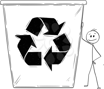 Cartoon stick man drawing conceptual illustration of businessman leaning on big recycle bin. Business concept of ecology and garbage recycling.
