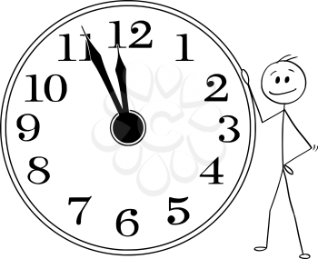 Cartoon stick man drawing conceptual illustration of smiling businessman leaning on big wall clock displaying five minutes before twelve hours or midday or midday. Business or political concept of deadline or time up.