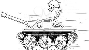 Cartoon stick man drawing conceptual illustration of man in small tank or tankette going to enjoy the fighting, killing and destruction. Business concept of war as game.