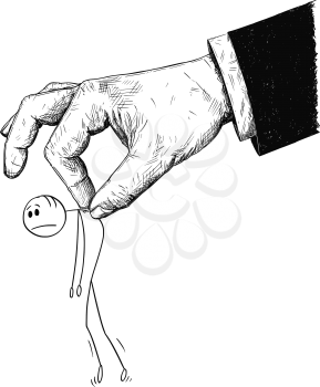 Cartoon stick man drawing conceptual illustration of businessman moved or manipulated by giant hand, possibly boss, manager or politician. Concept of manipulation, dominance and supremacy.