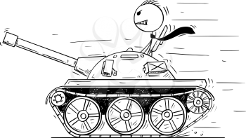 Cartoon stick man drawing conceptual illustration of businessman or politician in small tank or tankette going to enjoy the fighting, killing and destruction. Business concept of war as political game.