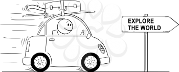 Cartoon stick man drawing conceptual illustration of smiling man in small car going on holiday or vacation. Arrow sign with explore the world text.