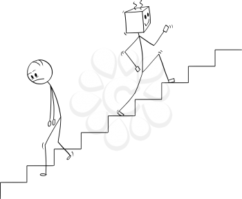 Cartoon stick man drawing conceptual illustration of human going down the stairs and robot moving up quickly. Concept of artificial intelligence or ai superiority and replacing declining mankind.