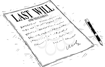 Vector artistic ink drawing illustration of pen and last will and testament document to sign.