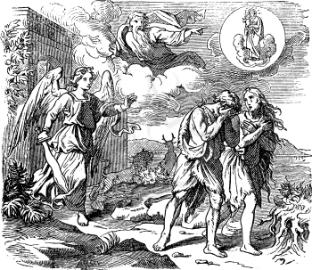 Vintage illustration and line drawing or engraving of biblical Adam and Eve leaving Garden of Eden. Expulsion from paradise by angel with flaming sword.Genesis 3:24.Biblische Geschichte, Germany 1859.