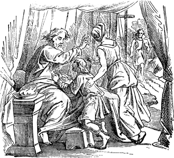 Vintage antique illustration and line drawing or engraving of biblical story about Issac giving blessing to Jacob instead of Esau.From Biblische Geschichte des alten und neuen Testaments, Germany 1859.Genesis 25:19-34.