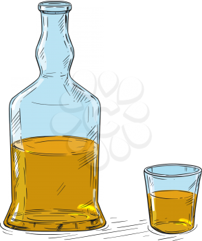Vector cartoon illustration or drawing of half full hard liquor or whiskey bottle and shot glass.