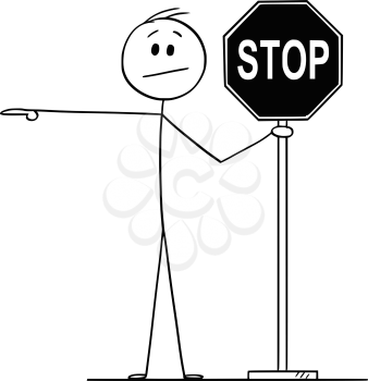 Vector cartoon stick figure drawing conceptual illustration of man or businessman holding stop sign and pointing or showing direction.