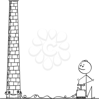 Cartoon stick drawing conceptual illustration of man or businessman with detonator who is going to demolish old smokestack or factory with explosives.