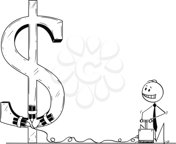 Cartoon stick man drawing conceptual illustration of businessman using detonator and explosives as metaphor of speculation and trying to destroy or crash dollar currency symbol.