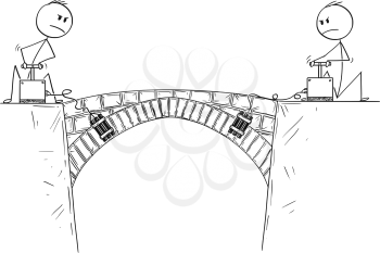 Cartoon stick drawing conceptual illustration of two man, politicians or businessmen ready to destroy the bridge as metaphor of connection between different groups or nations.