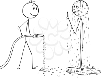 Cartoon stick drawing conceptual illustration of surprised wet or drenched man and another man holding water hose.