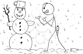 Cartoon stick drawing conceptual illustration of drunk or drunken man who is trying to fist fight with snowman by mistake.