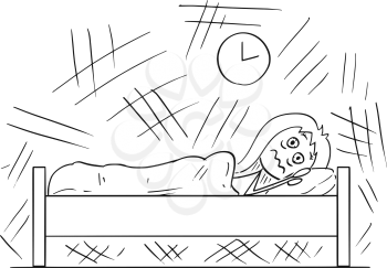 Cartoon stick drawing conceptual illustration of woman lying in the bed and unable to sleep because of Insomnia.