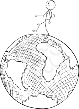 Cartoon stick drawing conceptual illustration of man traveler walking on Earth globe.