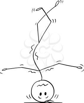 Cartoon stick drawing conceptual illustration of man doing handstand and balancing on his head.