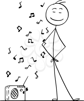 Cartoon stick drawing conceptual illustration of man enjoying listening a music from small radio.