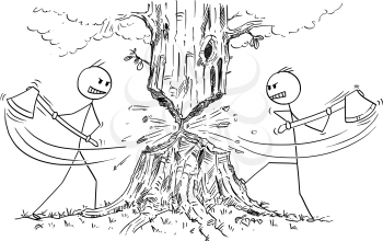 Cartoon stick drawing conceptual illustration of two lumberjacks with ax or axe who are rejecting cooperation and cutting down tree from opposite sides instead. Business concept of competition and risk.