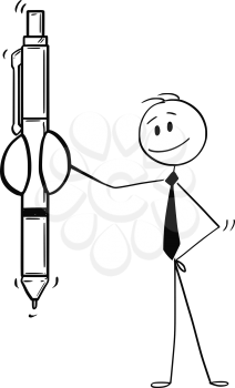 Cartoon stick drawing conceptual illustration of businessman offering a ballpoint pen to sign a contract or fill out some document.