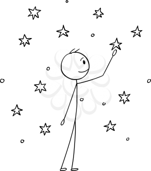 Cartoon stick drawing conceptual illustration of man touching stars on the sky.