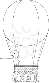 Cartoon stick drawing conceptual illustration of man or businessman in hot air balloon pointing his hand at something on his side, possibly sign or text.