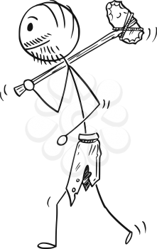 Cartoon stick drawing conceptual illustration of prehistoric man or caveman walking with stone axe or ax.