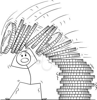 Cartoon stick drawing conceptual illustration of man or businessman under falling pile of coins. Business concept of financial crisis.