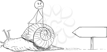 Cartoon stick drawing conceptual illustration of frustrated man or businessman sitting on the shell of snail and moving slow. Metaphor of slow progress and long waiting. There is empty sign for your text.