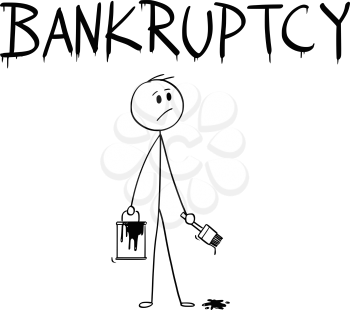 Cartoon stick man drawing conceptual illustration of businessman with brush and paint can painting or drawing the word bankruptcy.
