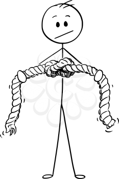 Cartoon stick drawing conceptual illustration of man or businessman holding rope with knot. Business concept of problem and solution.